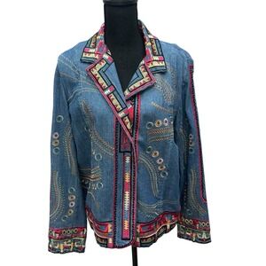 Vintage Coldwater Creek‎ Aztec Embroidered Denim Jacket Snap Closure Size Large